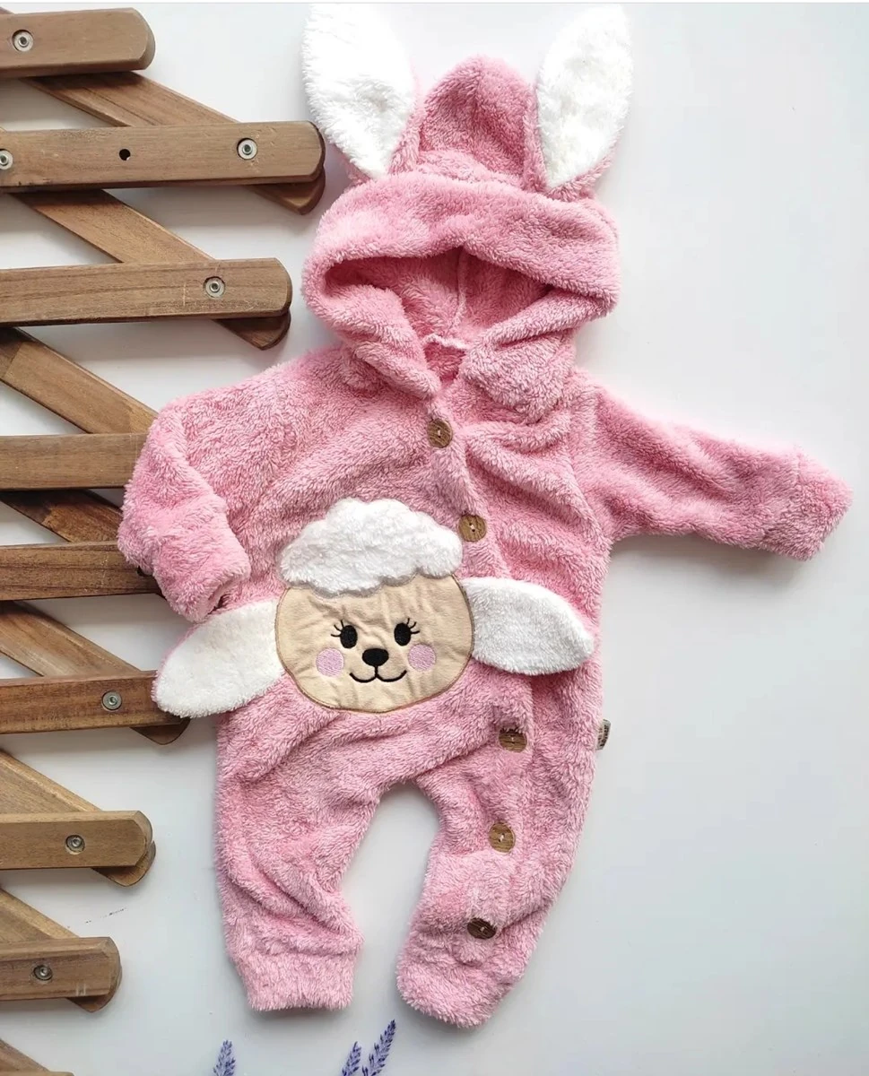 bebek tulum wellsoft sevimli kuzucuk detaylı düğmeli pembe