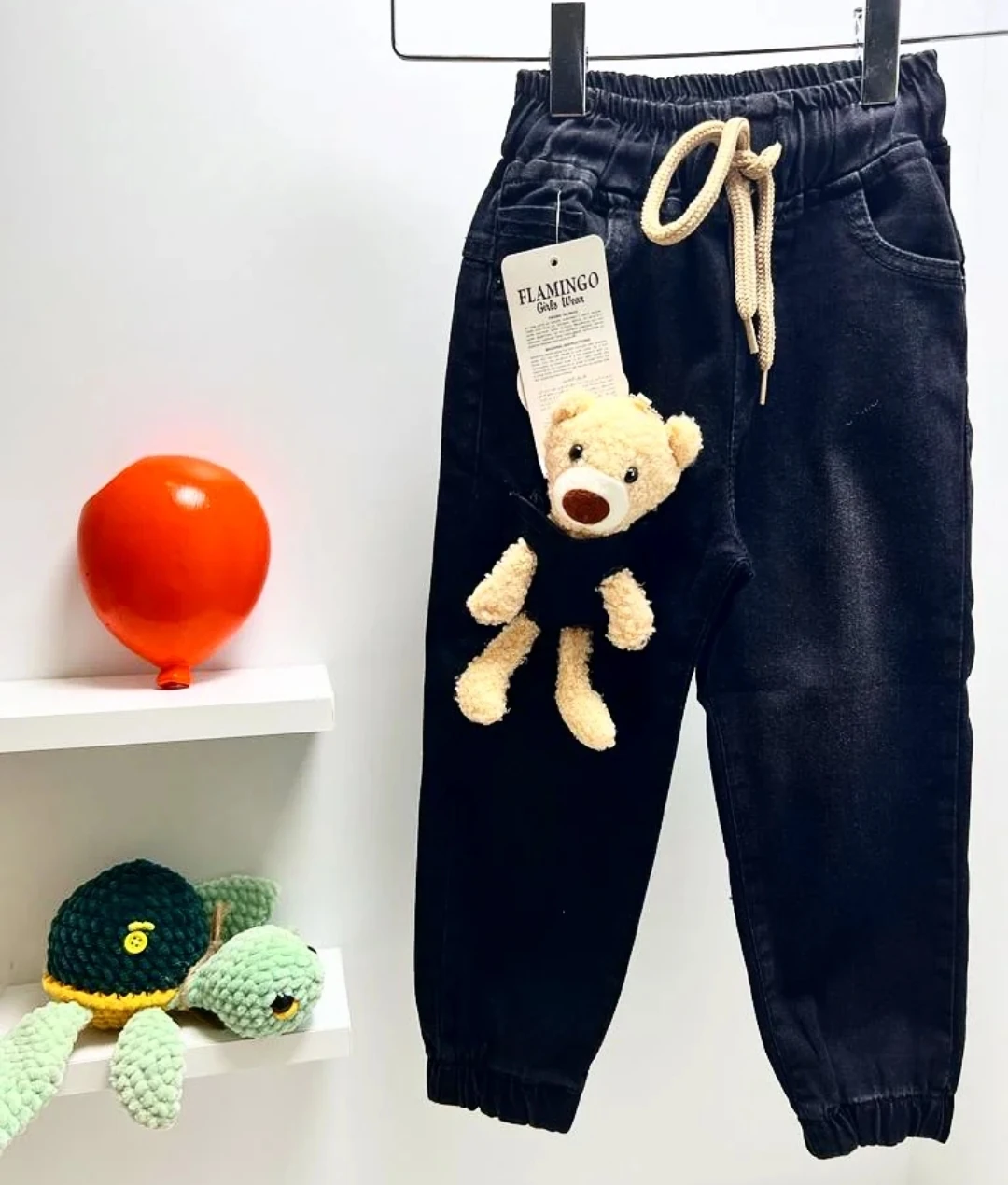 çocuk kot pantolon 3-7 yaş oyuncak ayıcıklı cep detaylı siyah 