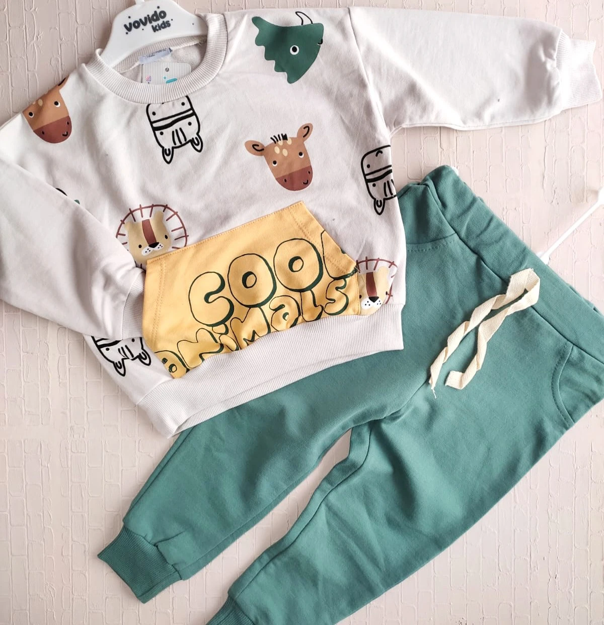 çocuk takım 1-5 yaş cool animals baskılı kanguru cepli yeşil 