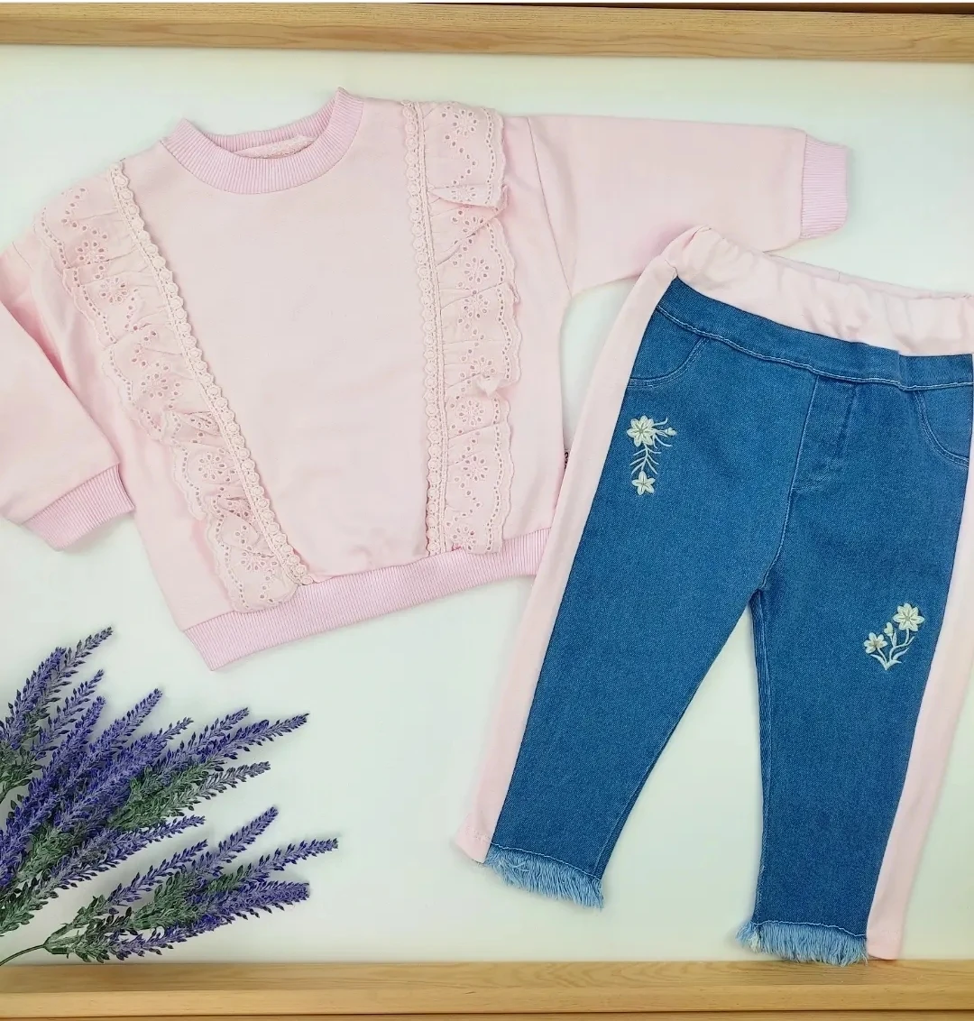 kız bebek takım 6-24 ay çiçek nakışlı kot pantolonlu pembe 