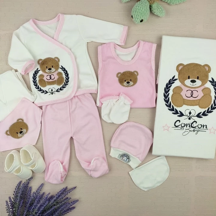 bebek hastane çıkışı 0-3 ay ayıcık nakışlı 10 parça pembe
