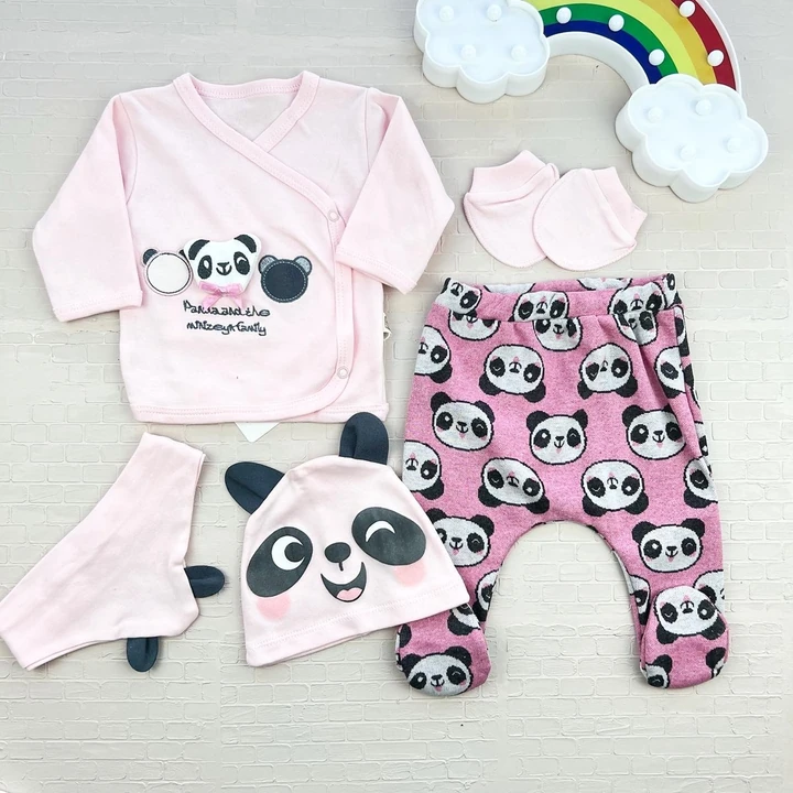 Bebek hastane çıkışı 0-3 ay panda detaylı 5li pembe