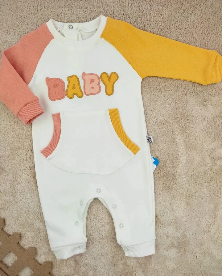bebek tulum 3-6 ay baby yazı nakışlı kanguru cepli renkli