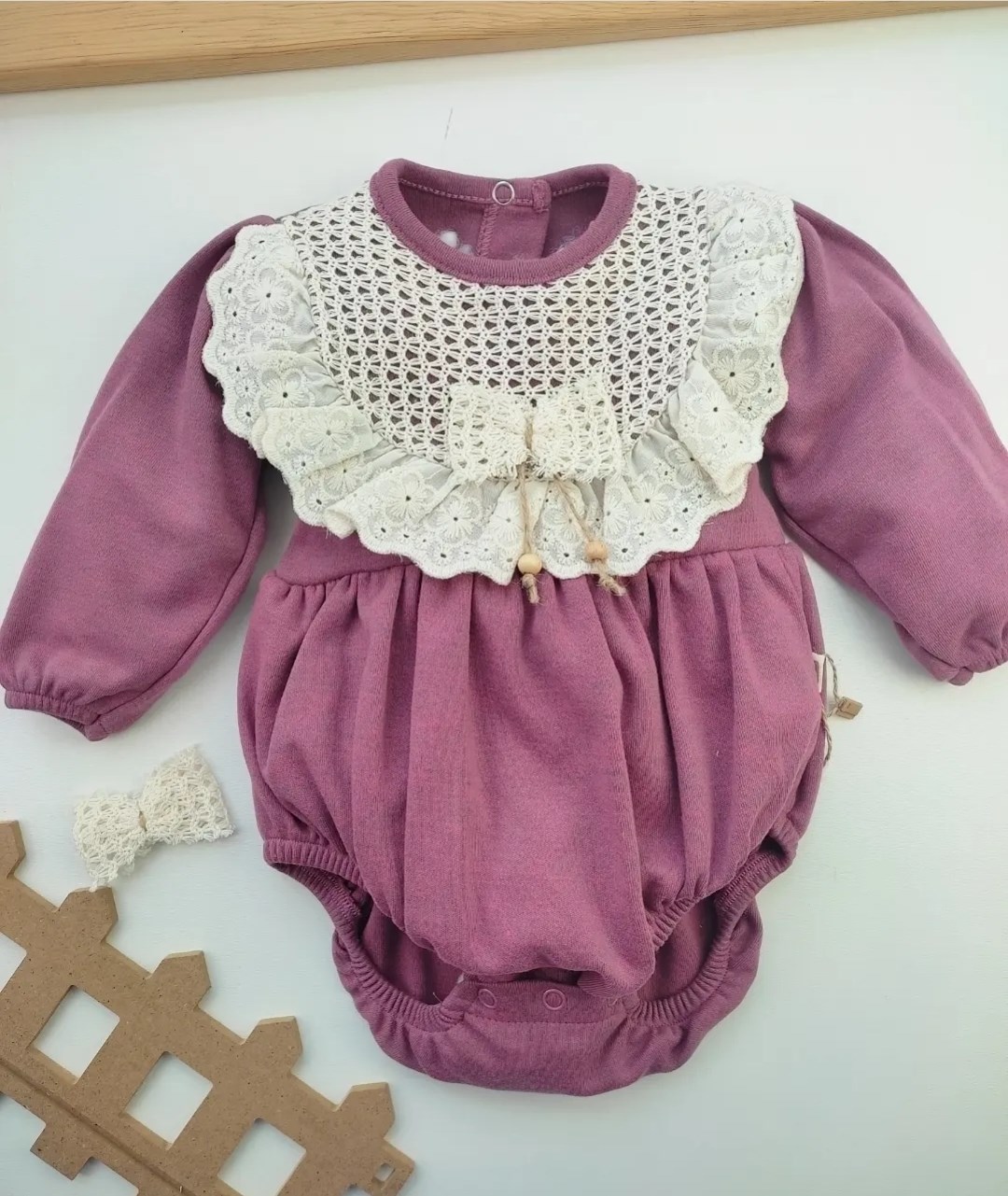 Bebek Romper 3-12 Ay Güpürlü Bordo Toka Hediyeli 
