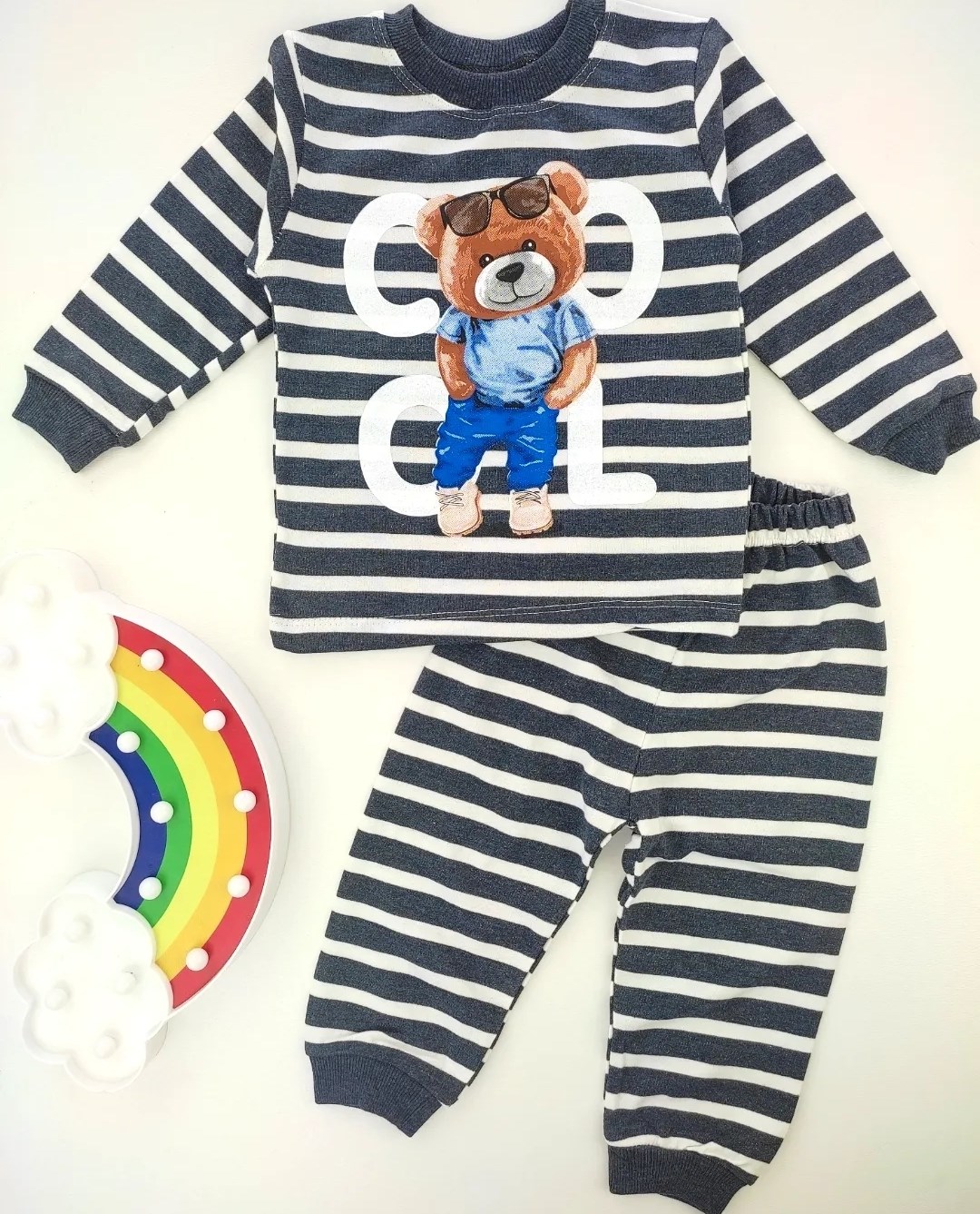bebek pijama takımı 1-3 yaş cool bear baskılı çizgili  