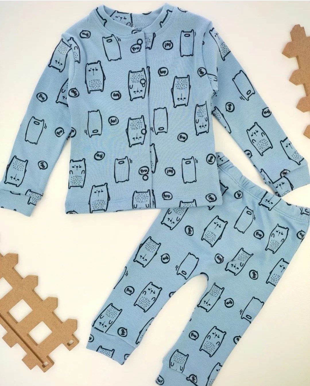 bebek pijama takımı 6-12 ay desenli çıtçıt detaylı mavi  