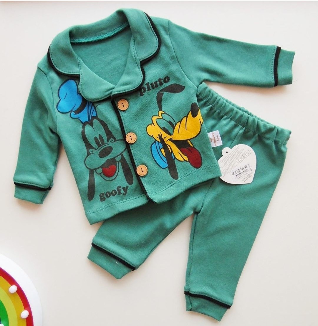 bebek pijama takımı 6-24 ay gofy ve pluton baskılı düğmeli yeşil 