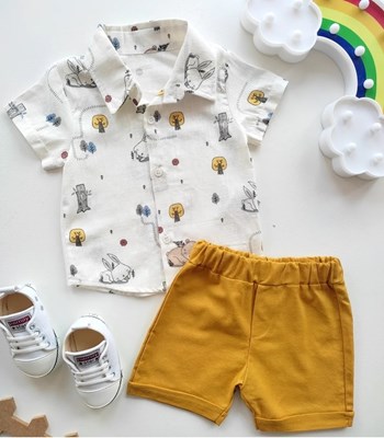 bebek takım 6-18 ay sevimli hayvanlar baskılı gömlekli sarı