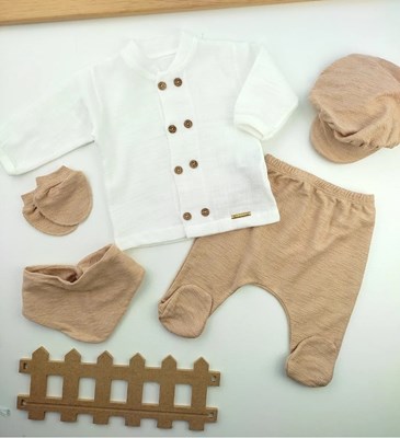Bebek yenidoğan hastane çıkışı 0-3 ay düğmeli kasketli 5'li kahverengi 