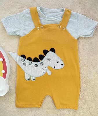 bebek salopet 3-9 ay dino nakışlı hardal