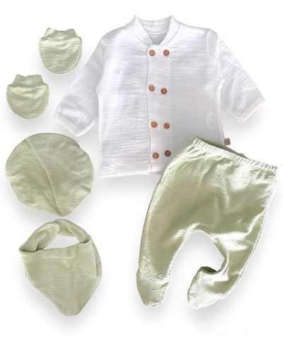 Bebek yenidoğan hastane çıkışı 0-3 ay düğmeli kasketli 5'li yeşil