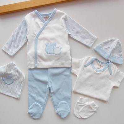 bebek yenidoğan hastane çıkışı 0-3 ay çizgili ayıcık baskılı 5'li mavi