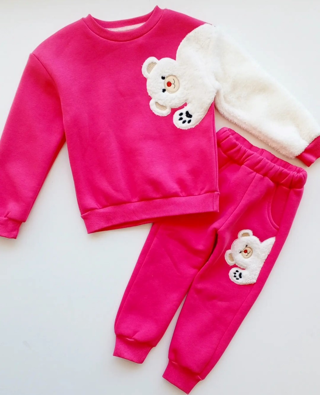 Çocuk Takım 3 Yaş Peluş Ayıcık Detaylı Pembe (3 İp)