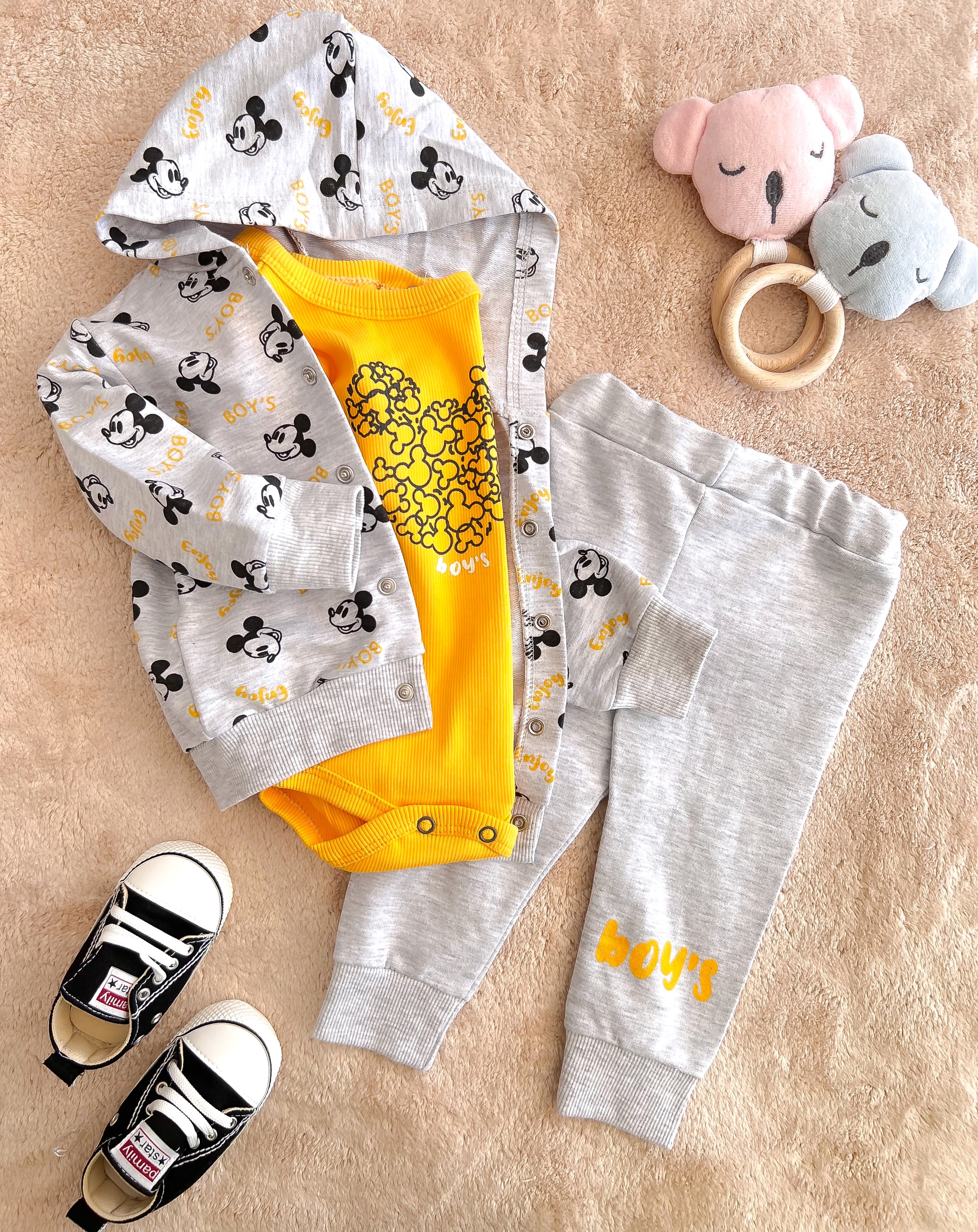 3 Lü Takım Mickey Baskılı Sarı 3-9 Ay Arası