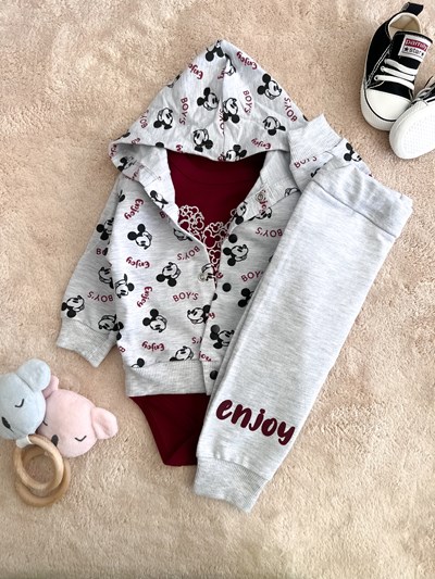 3 LÜ TAKIM MİCKEY BASKILI BORDO  3-9 AY ARASI