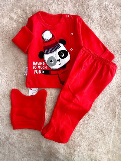 panda detay yenidoğan pijama kırmızı