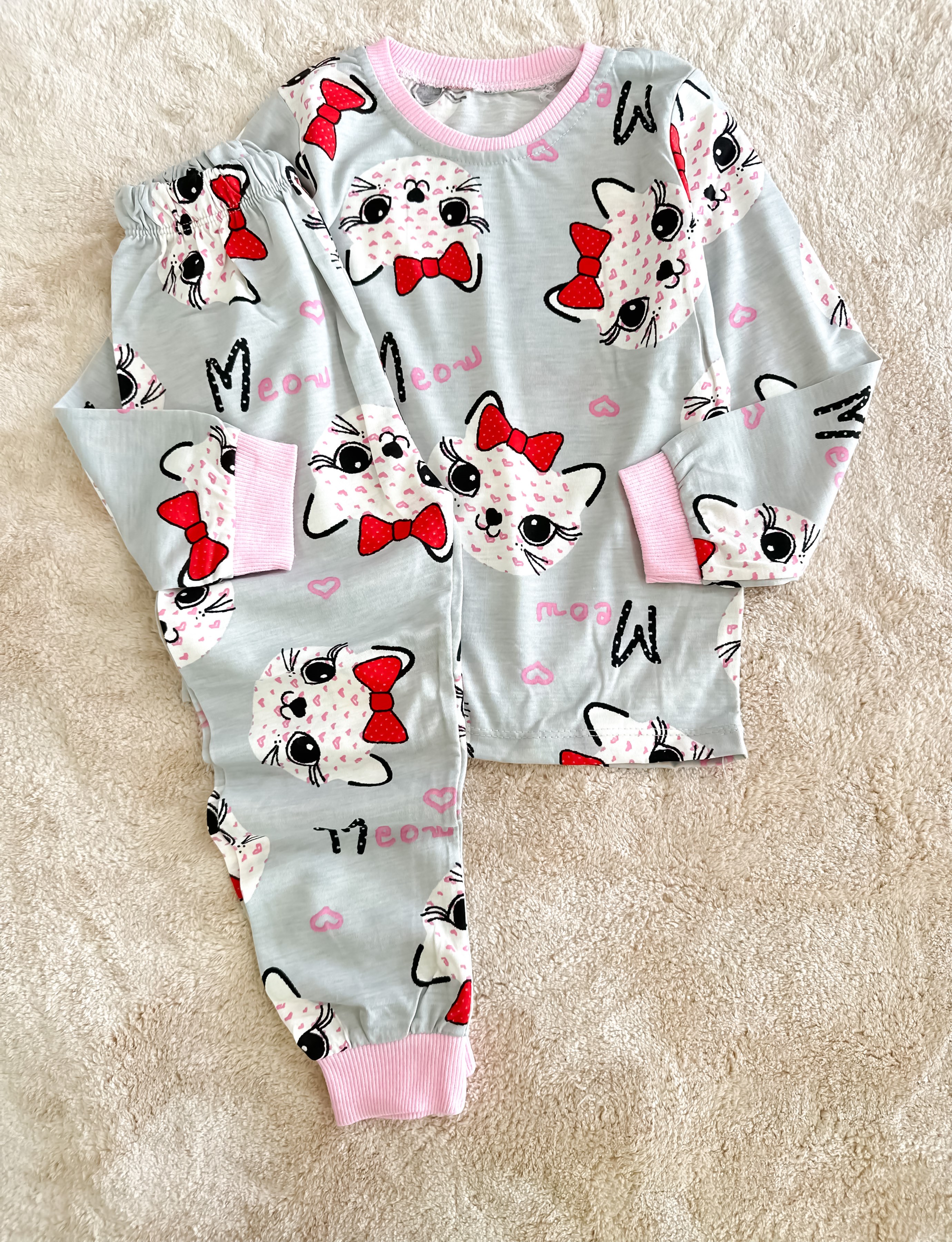 Kız Pijama Takımı Kedi Detay 1-8 Yaş Arası 