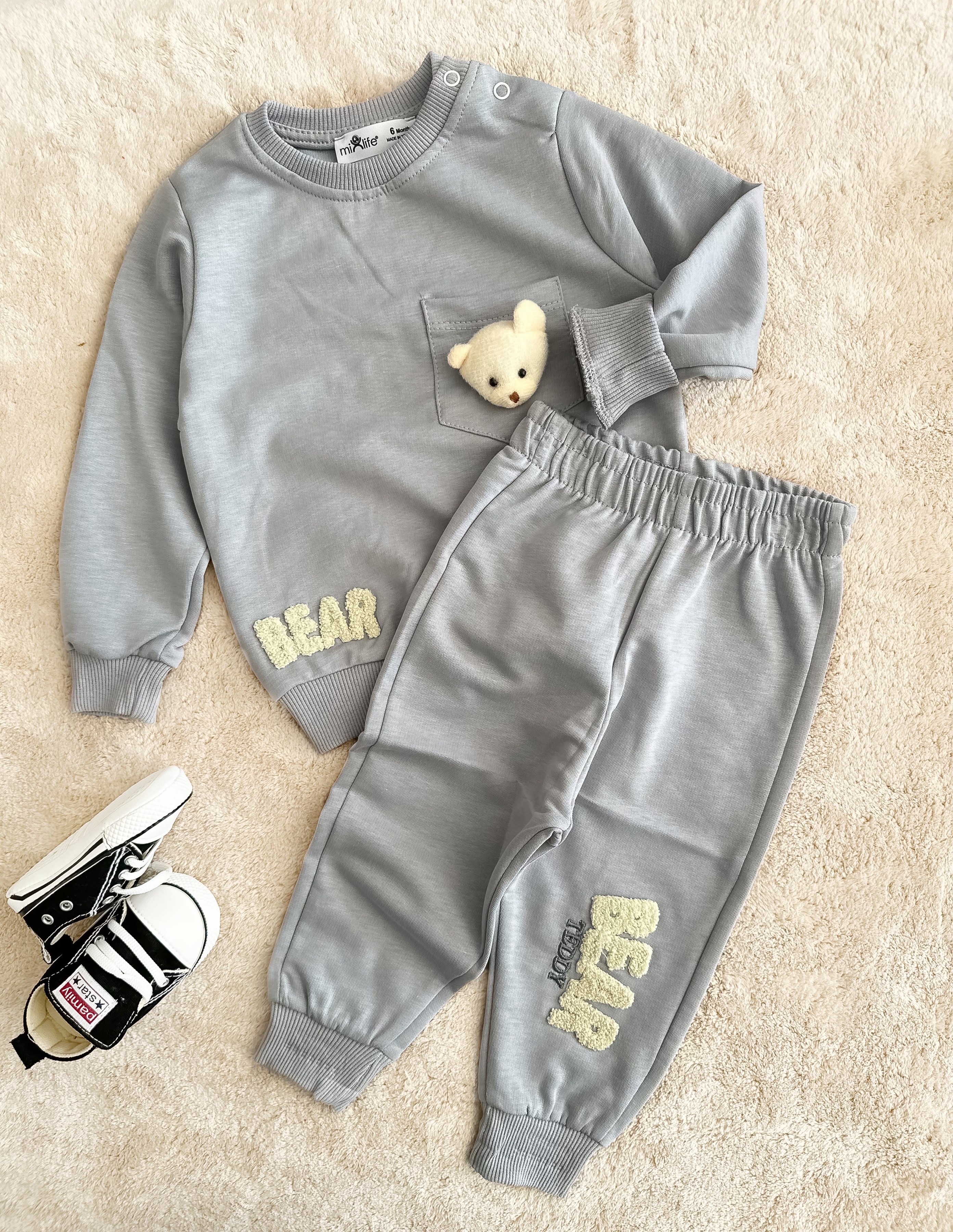 BEAR NAKIŞLI AYICIKLI GRİ 6AY - 6 YAŞ TAKIM 