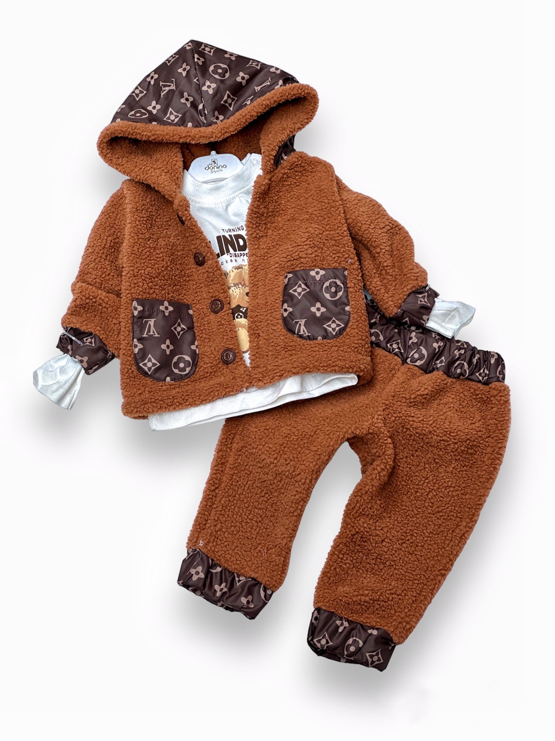 Bebek Takım 6-24 Ay Arası Dijital Baskılı Cepli Peluş Kahverengi
