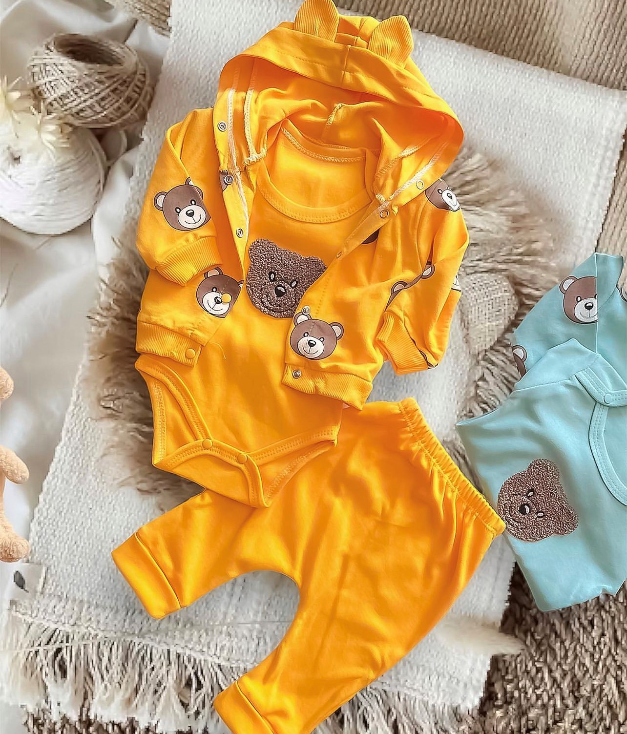 BEBEK 3 LÜ TAKIM AYICIK BASKILI 3-9 AY ARASI SARI 