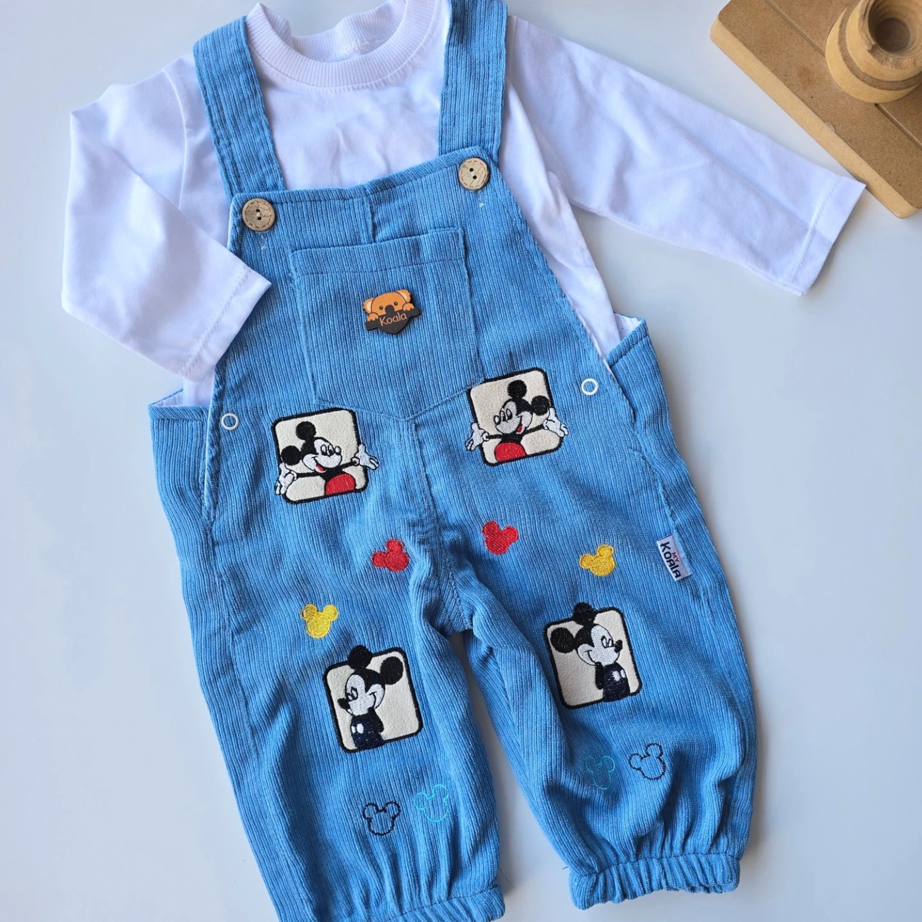 Bebek kadife salopet takım mickey nakışlı 9-18 ay mavi