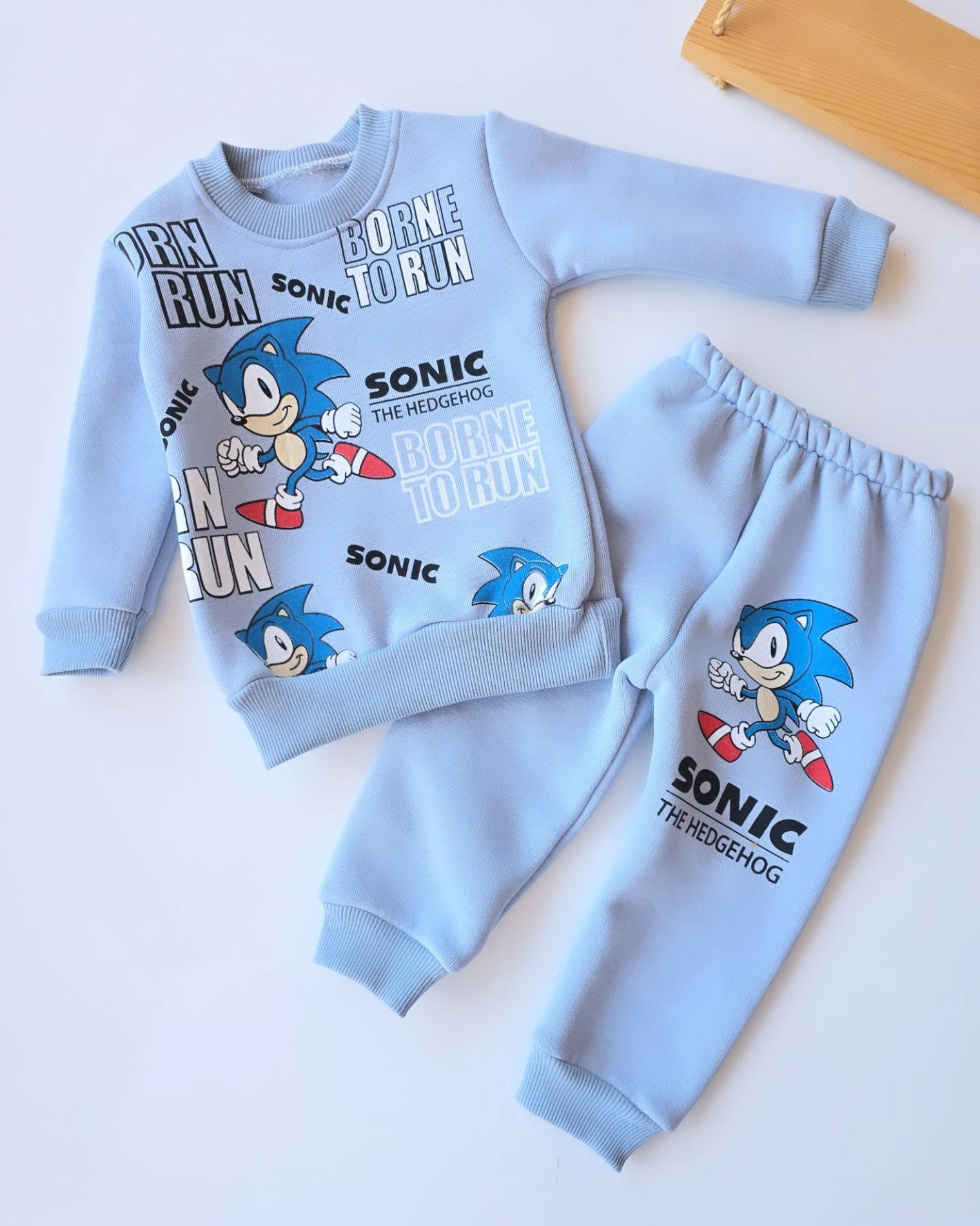 Bebek Takım Sonic Baskılı 3 İp Şardonlu Mavi 1-4 Yaş