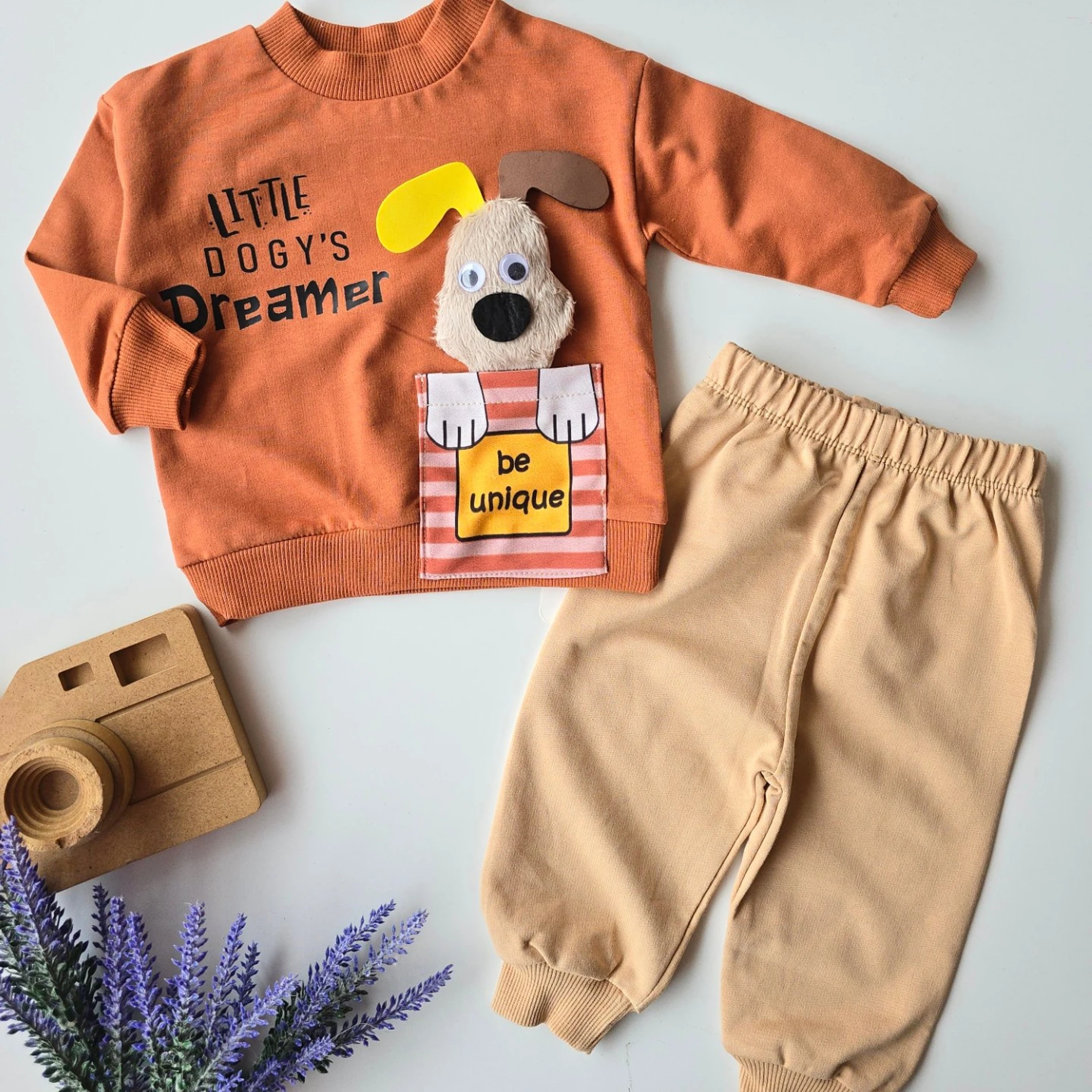 Bebek takım 3d köpek cep detaylı 6-24 ay kahve
