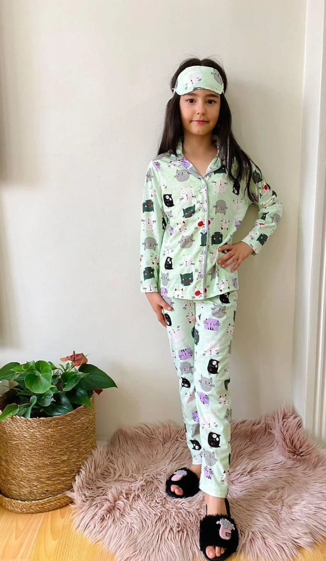 Çocuk Pijama Takım Kedi Baskılı Uyku Bandı Hediyeli Yeşil 