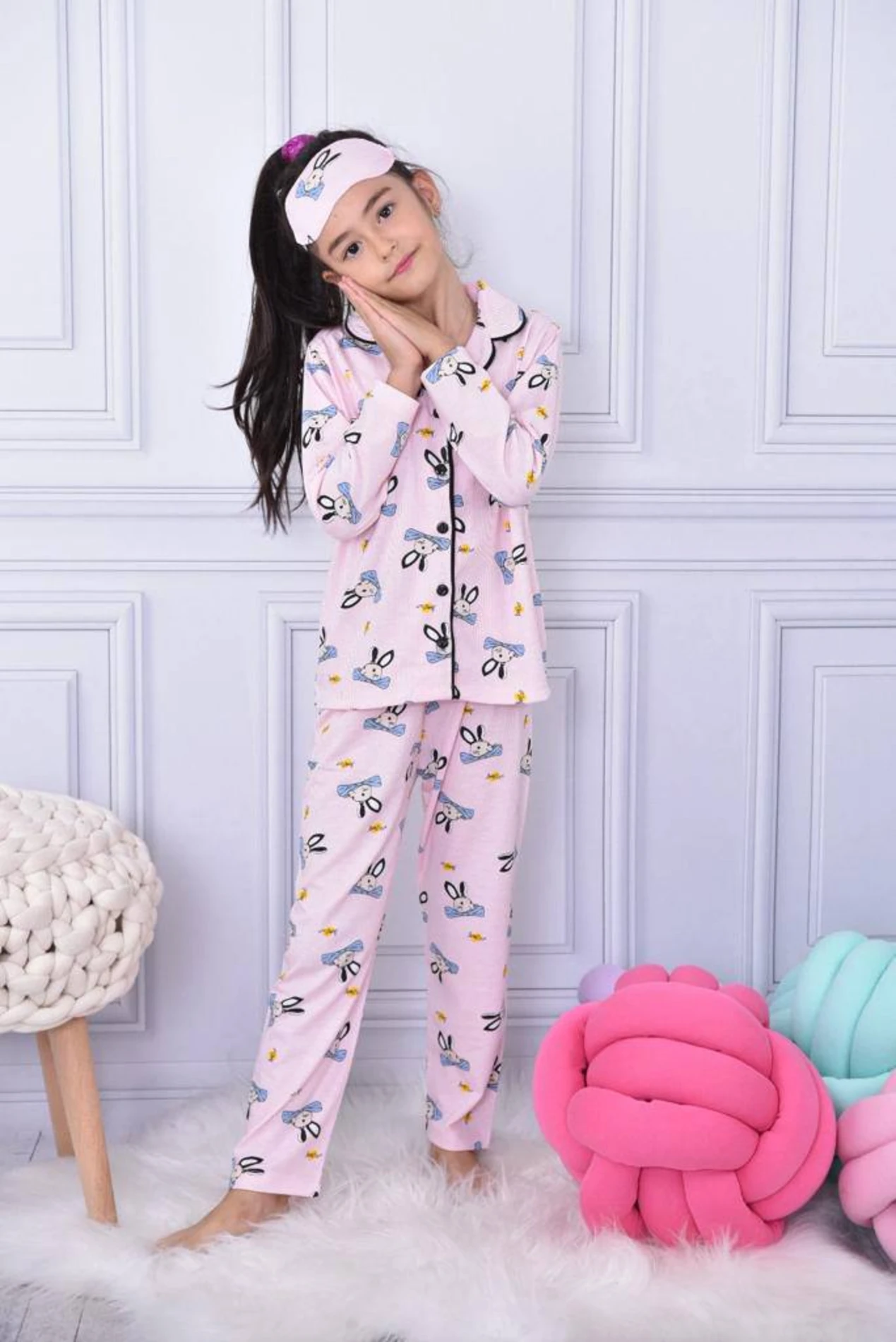 Çocuk Pijama Takım Tavşan Baskılı Uyku Bandı Hediyeli Pembe