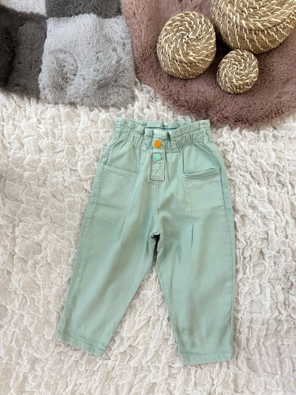 Kız Çocuk Kot Pantalon Düğmeleri Renkli Model 3-8 Yaş Arası Yeşil