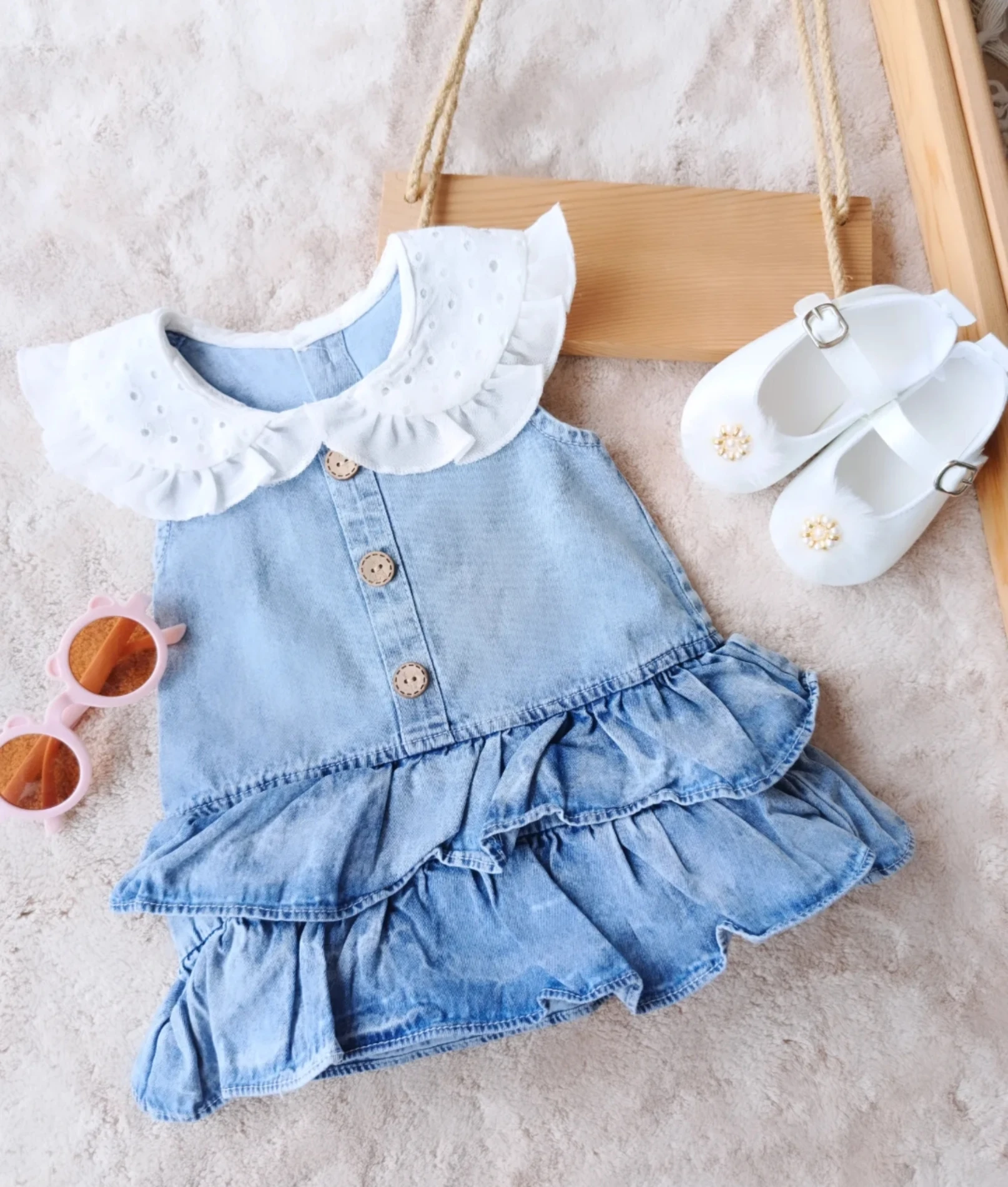 Bebek Tulum Elbise Model Kot Kumaş Yaka Detaylı
