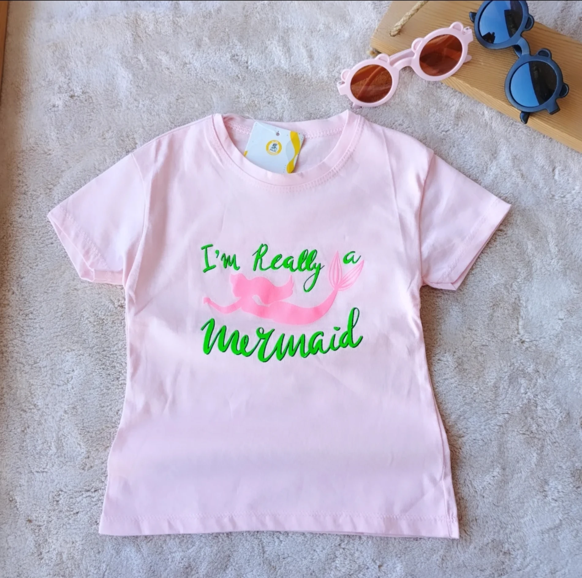 Çocuk Tshirt Deniz Kızı Baskılı 3-7 Yaş Pembe