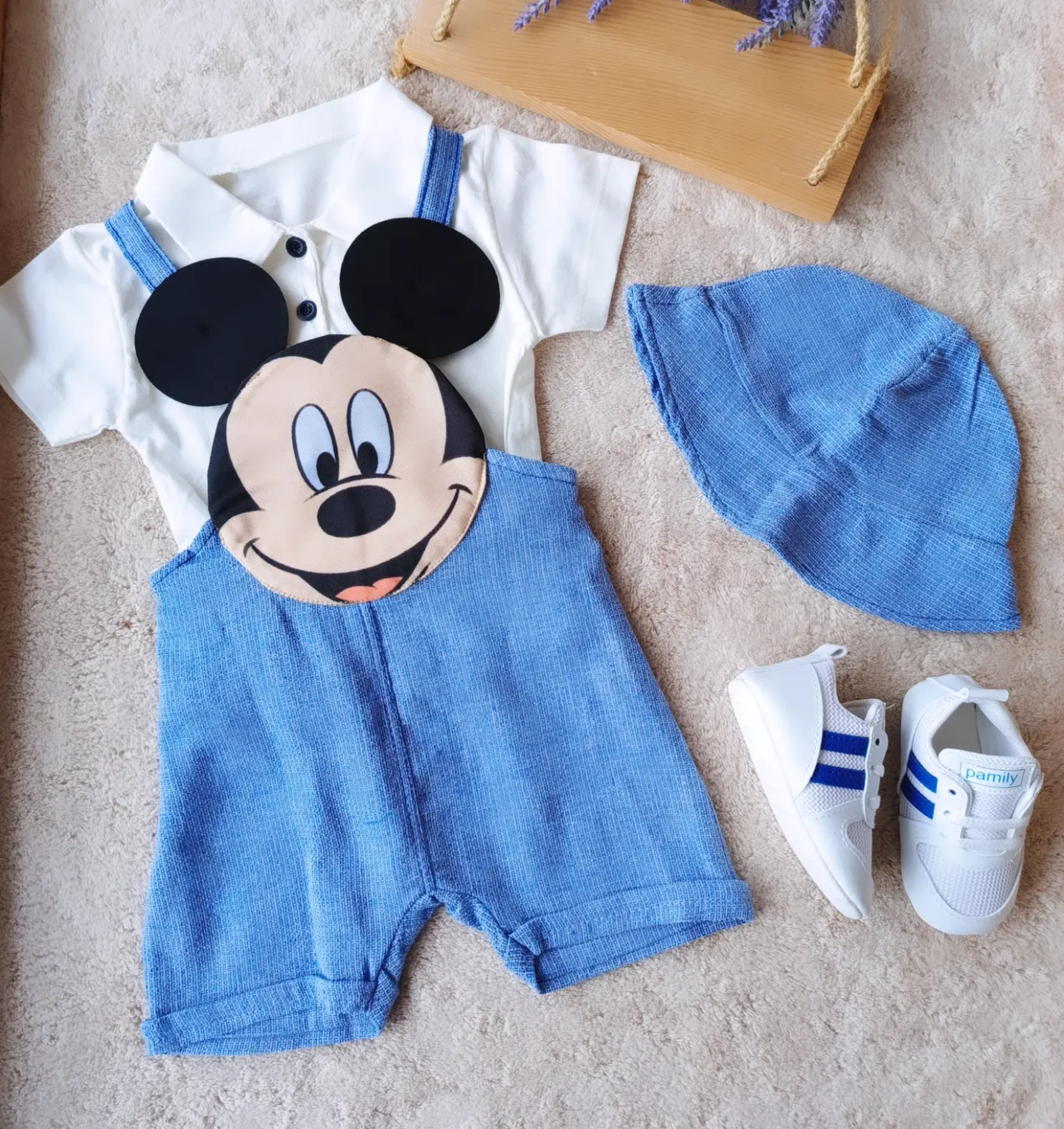 Bebek Salopet Büyük Mickey Detaylı Kasketli 6-24 Ay Mavi