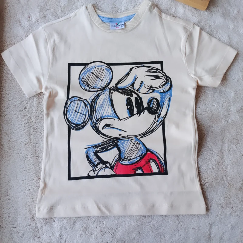 Çocuk Tshirt Çizgi Mickey Baskılı 2-8 Yaş Bej