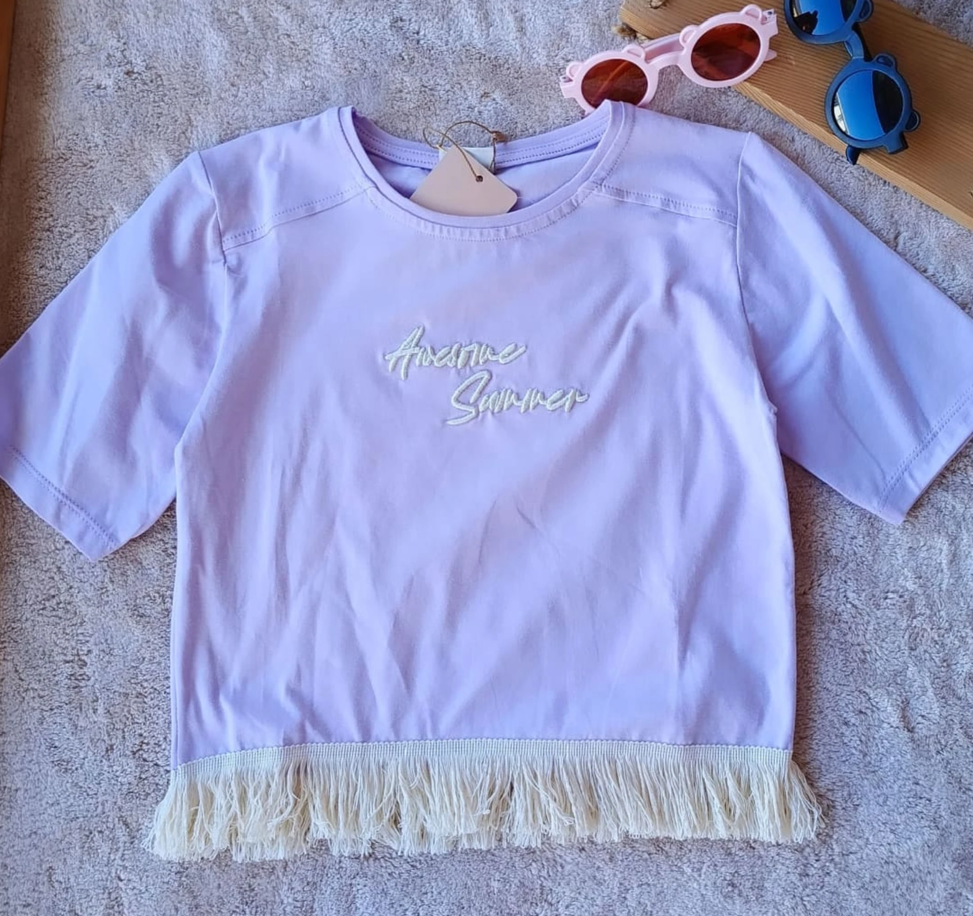 Çocuk Tshirt Crop Püsküllü 7-10 Yaş Mor