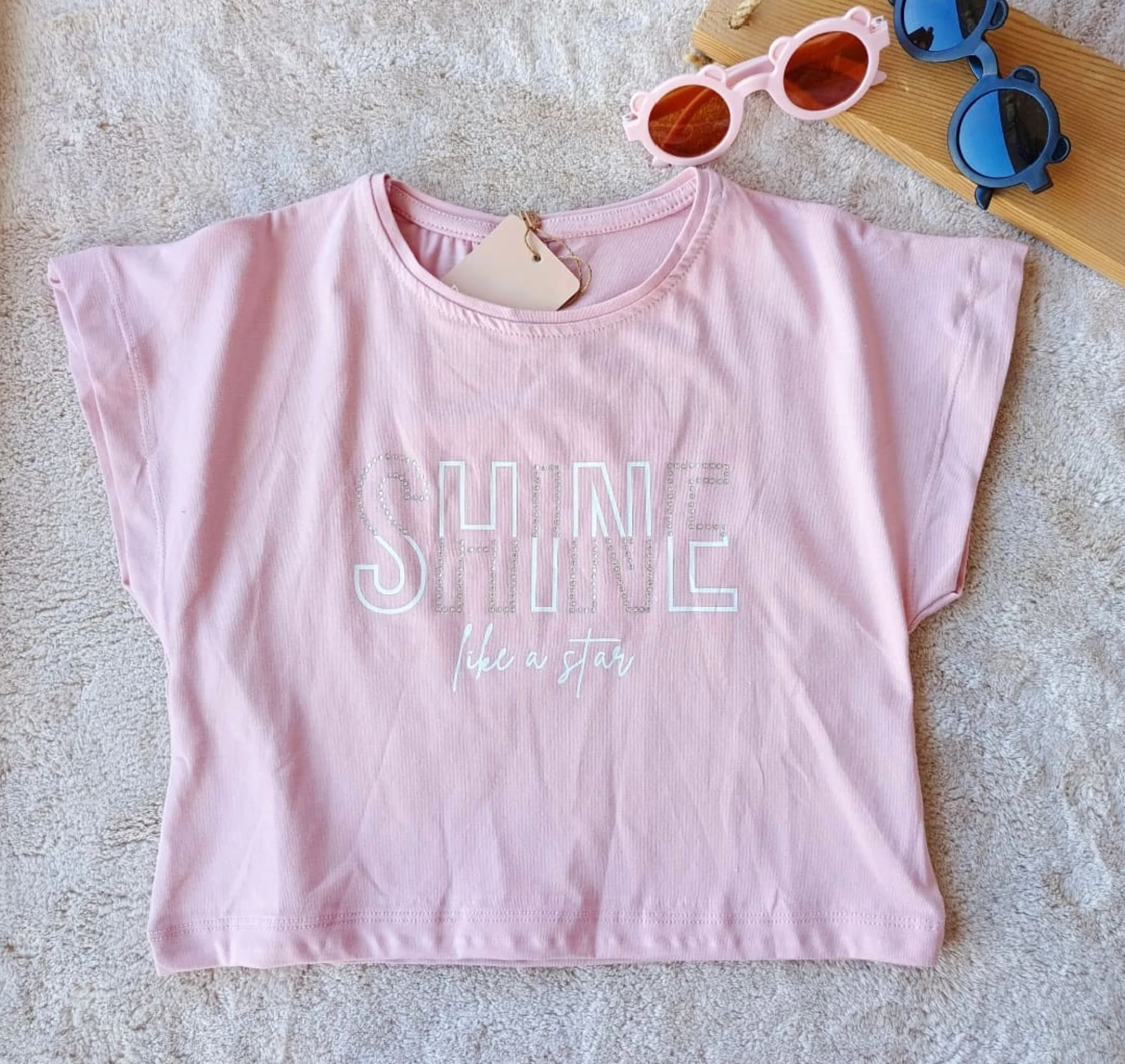 Çocuk Tshirt Crop Shine Baskılı Pullu 7-10 Yaş Pembe