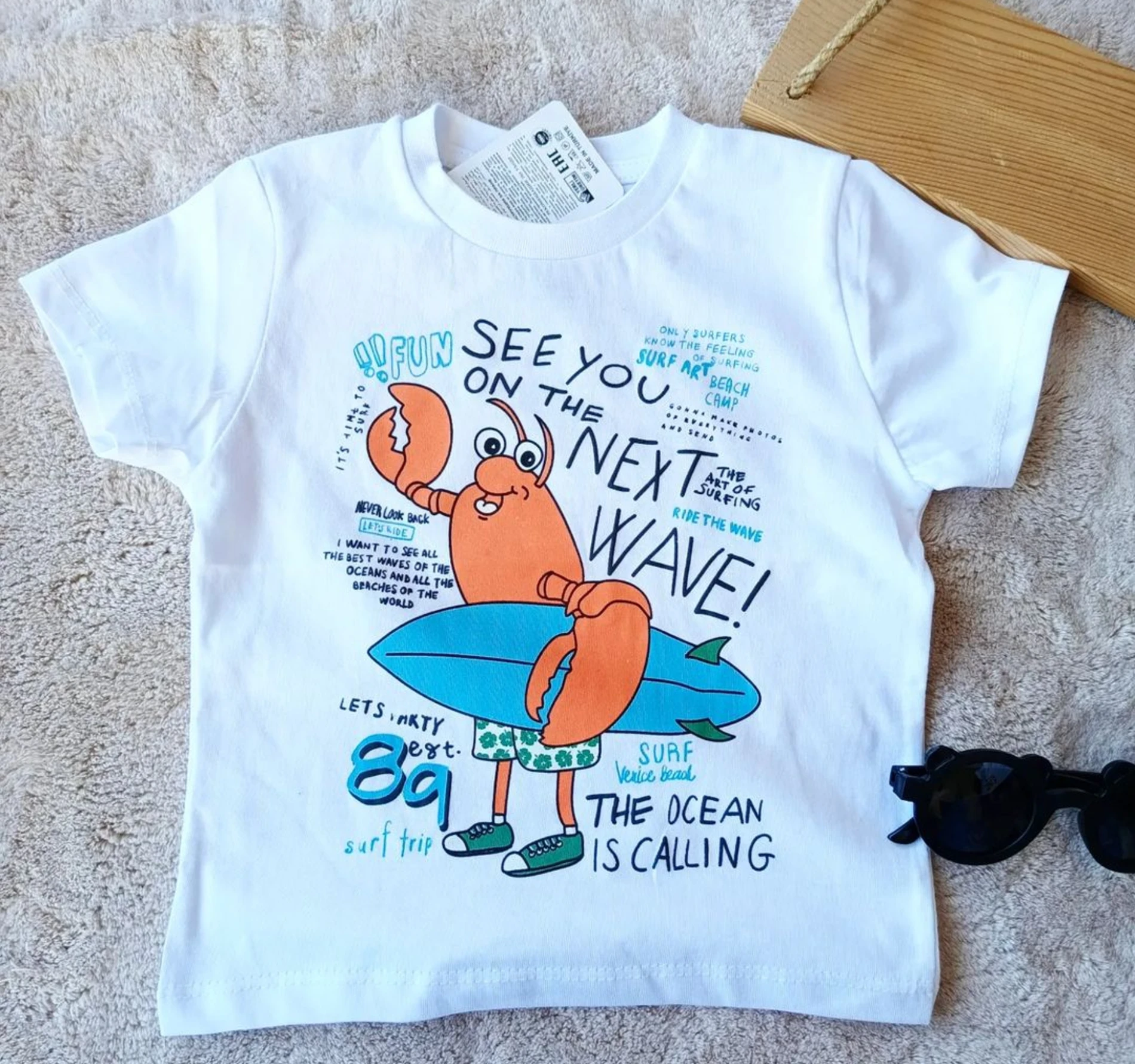Çocuk Tshirt Surf Yengeç Baskılı 1-4 Yaş Beyaz