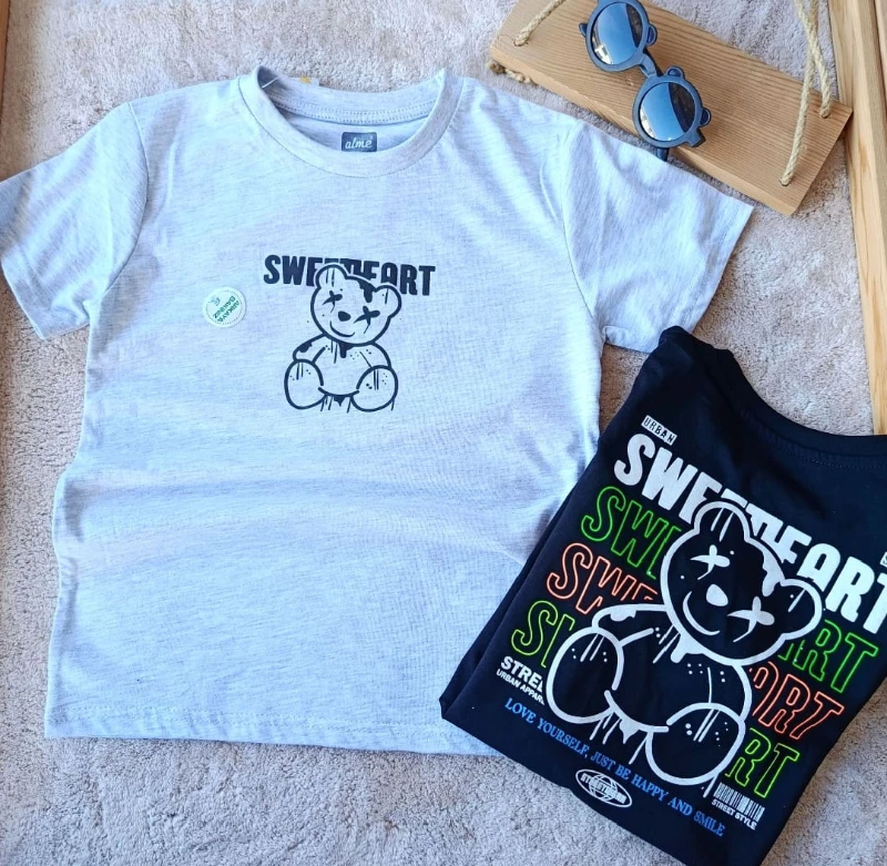 Çocuk Tshirt Çizgi Ayı Sırt Baskılı 8-12 Yaş Gri