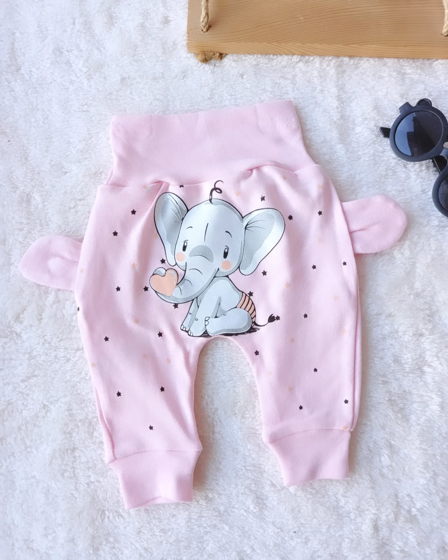 Bebek Tek Alt Arkası Fil Baskılı Kulaklı Pembe 0-12 Ay