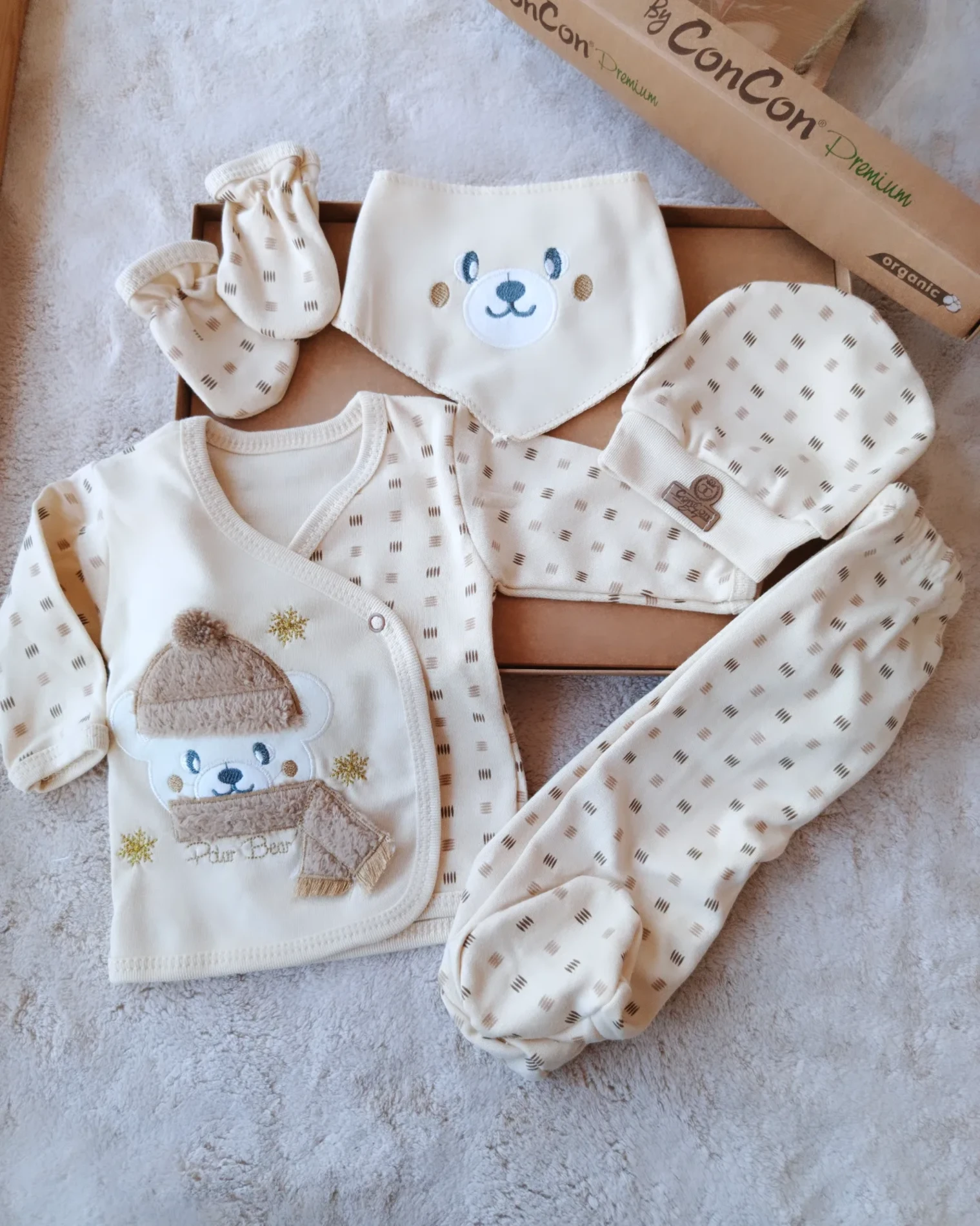 Bebek Hastane Çıkışı Organik Kumaş atkılı ayı kahve nakışlı 5 parça