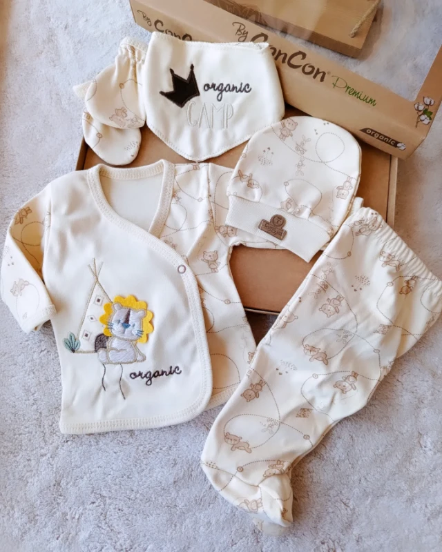 Bebek Hastane Çıkışı Organik Kumaş Kamp Aslan nakışlı 5 parça