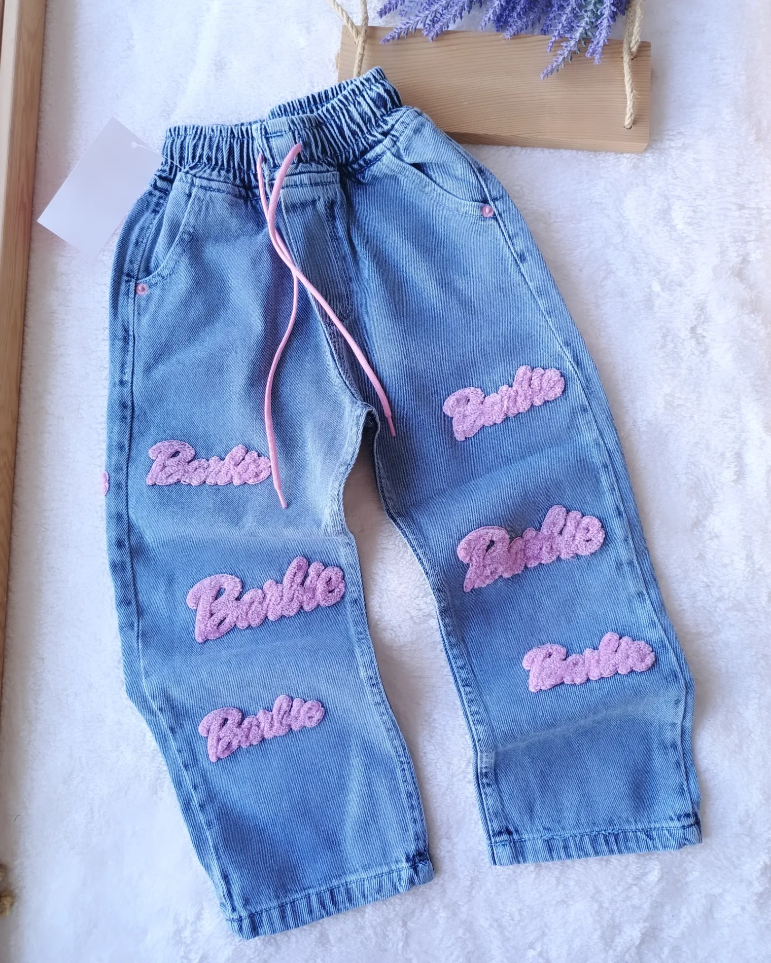 Çocuk Kot Pantolon Barbie Nakışlı Bağcıklı 6-9 Yaş