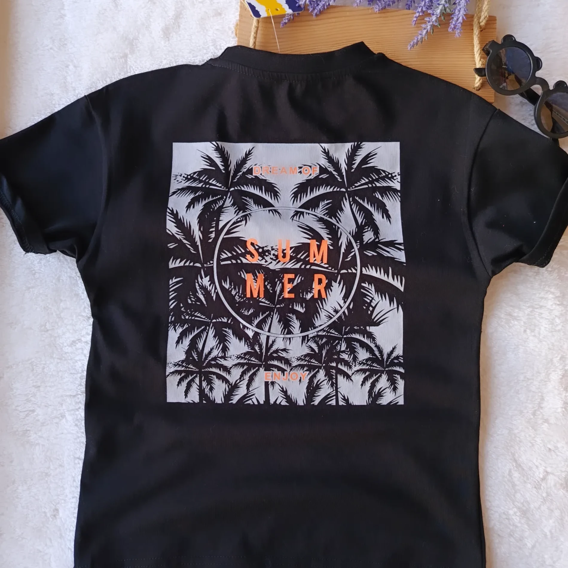 Çocuk Tshirt Cep Detaylı Summer Sırt Baskılı 8-12 Yaş Siyah