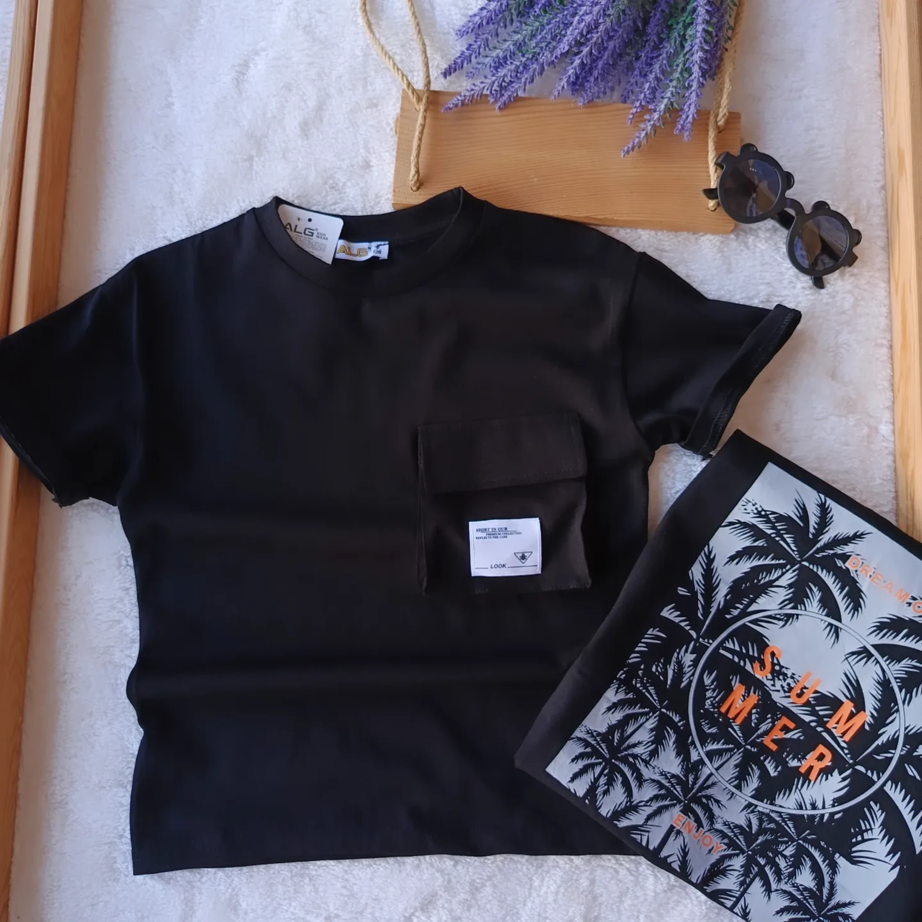 Çocuk Tshirt Cep Detaylı Summer Sırt Baskılı 8-12 Yaş Siyah