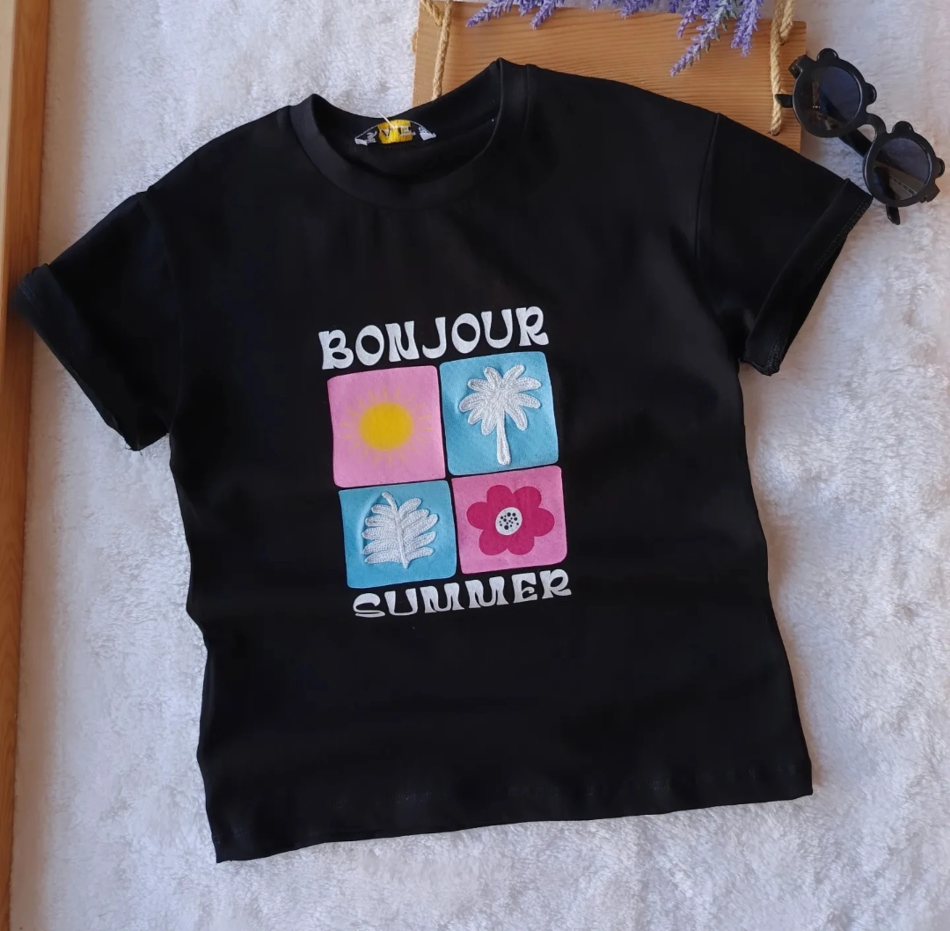 Çocuk Tshirt Çiçek Bonjour Baskılı 8-12 Yaş Siyah