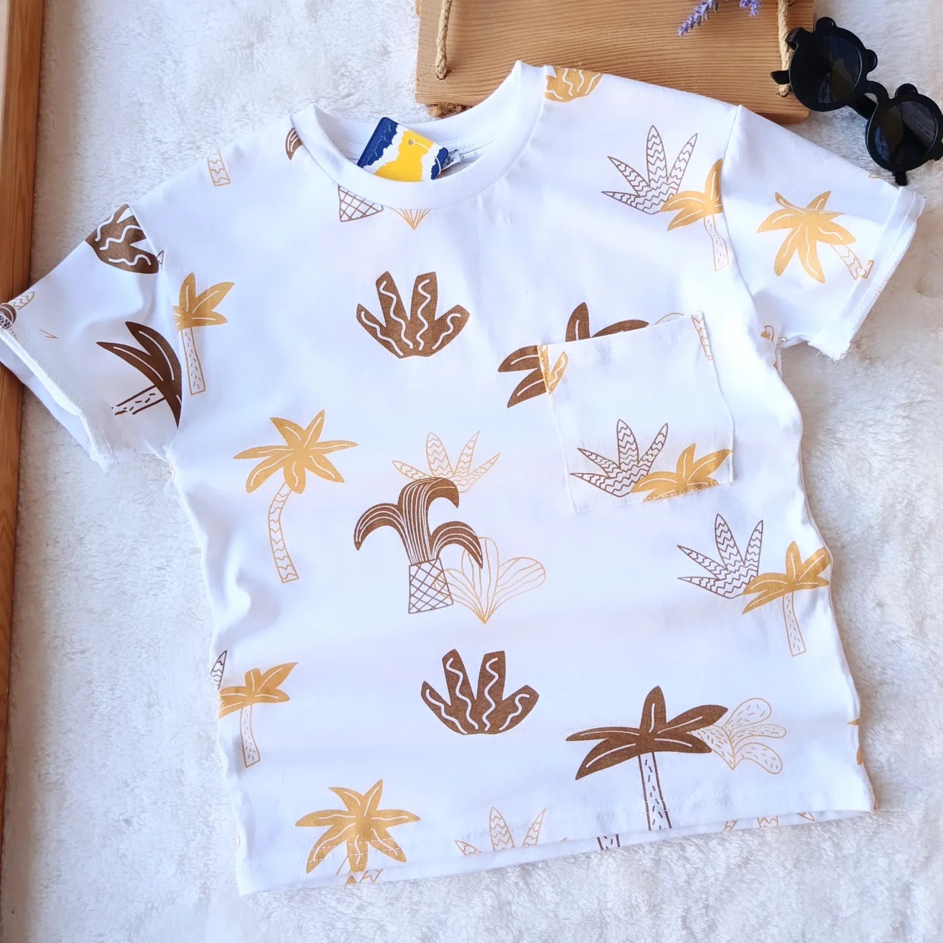 Çocuk Tshirt Palmiye Basklı 8-12 Yaş Beyaz