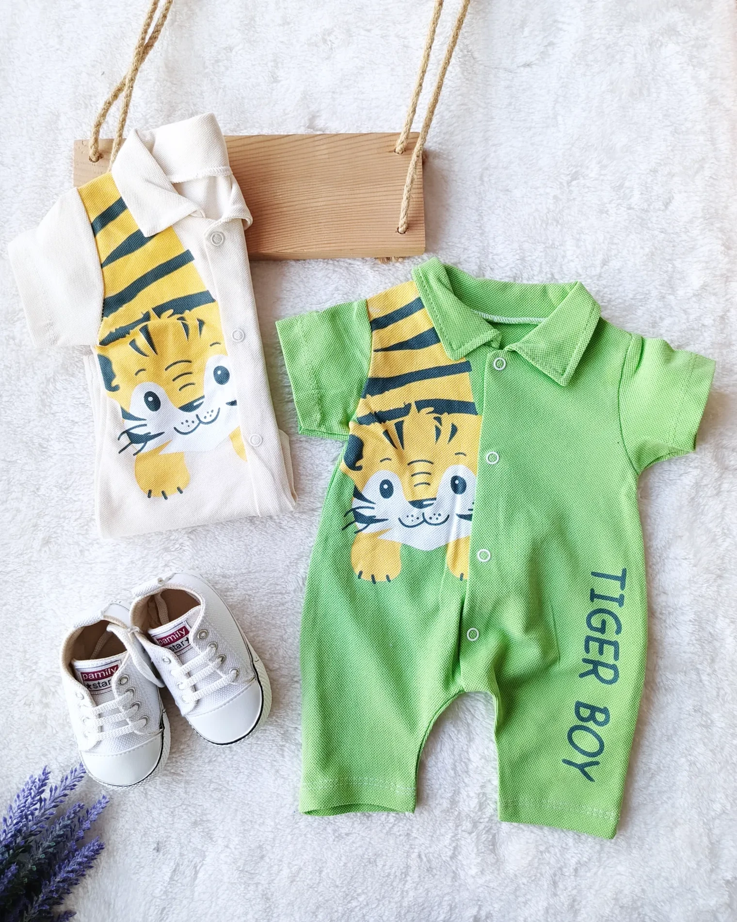 Bebek Tulum Yazlık Yakalı Tiger Baskılı 0-12 Ay