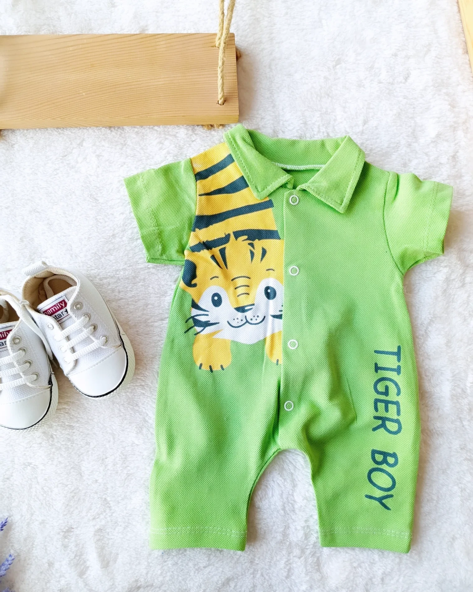 Bebek Tulum Yazlık Yakalı Tiger Baskılı 0-12 Ay