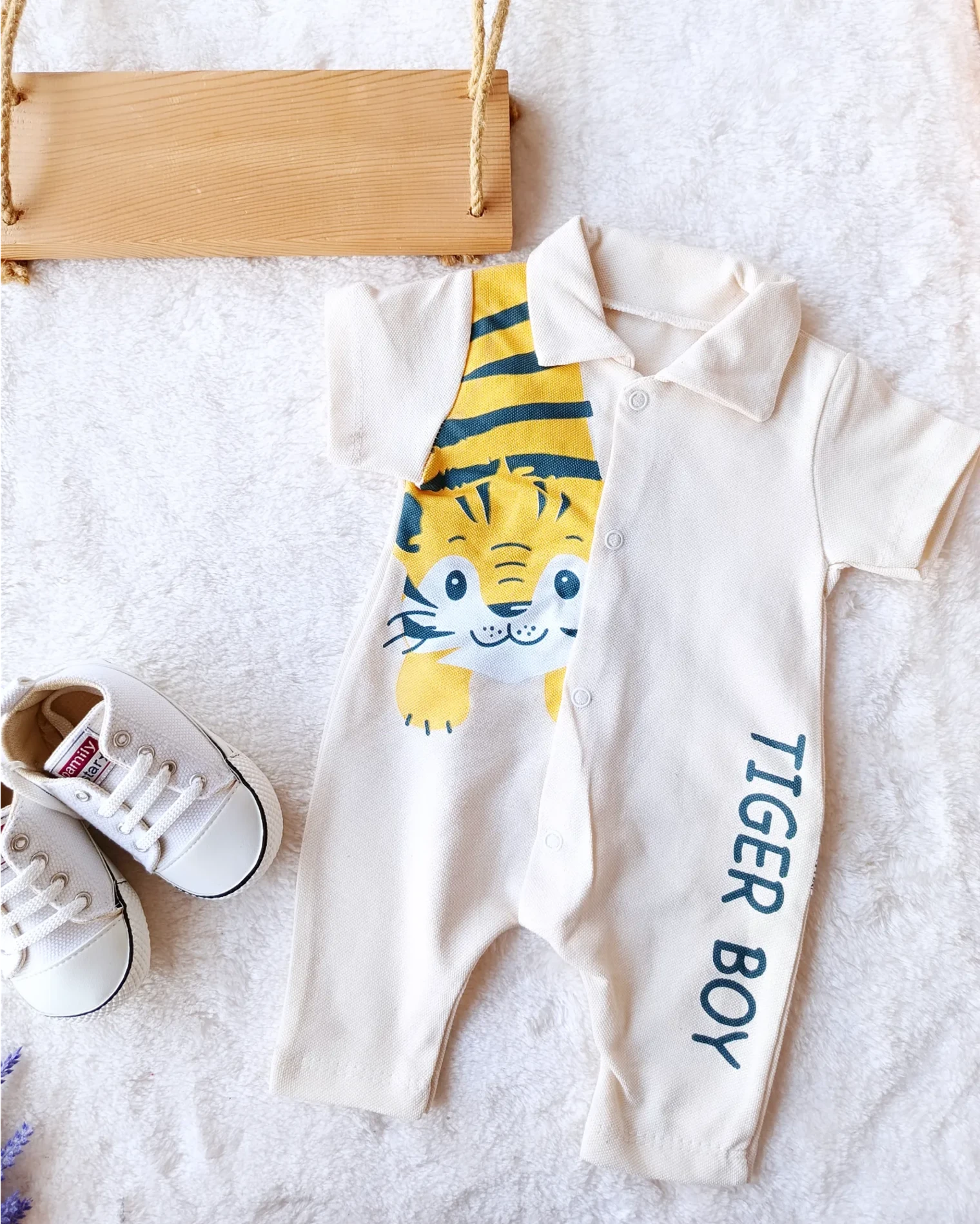 Bebek Tulum Yazlık Yakalı Tiger Baskılı 0-12 Ay