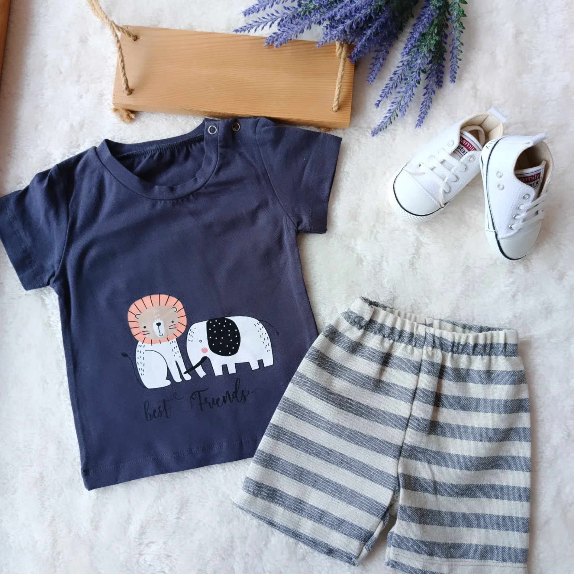 Bebek Takım Best Friends Baskılı Keten Şortlu Antrasit 6-24 Ay